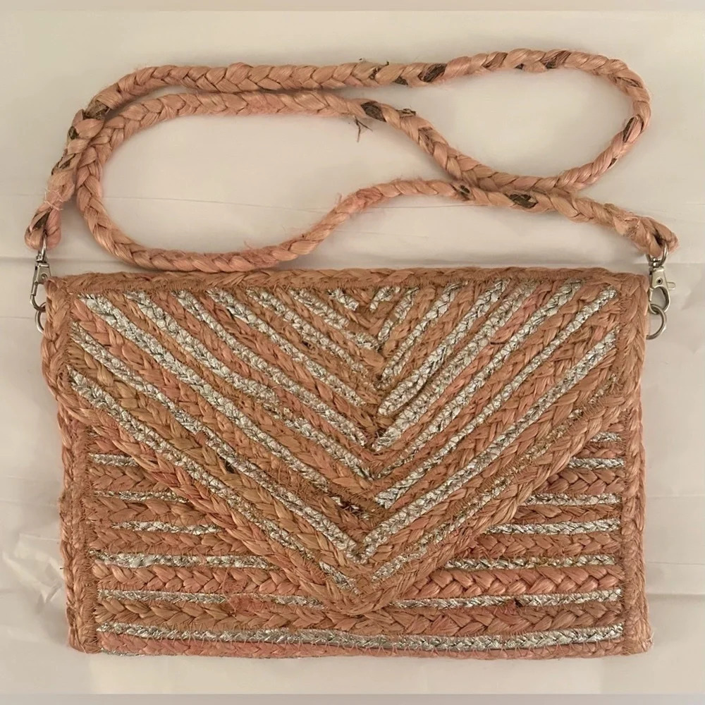 New Pink and Silver Jute Envelope Crossbody Clutch Purse